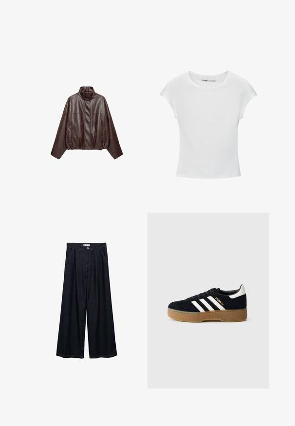 Dunkelbraune, kurz geschnittene Lederjacke mit hohem Kragen, langen Ärmeln, Fronttaschen und verstecktem Frontreißverschluss.; Weißes Baumwoll-T-Shirt mit kurzen, aufgerollten Ärmeln, rundem Ausschnitt und geradem Saum. Glatte Textur ohne sichtbare Muster oder Akzente.; Dunkelblaue, weite High-Waist-Hosen aus Denim mit einem Knopfverschluss vorne, zwei Seitentaschen und Nähdetails.; Schwarzer Wildledersneaker mit weißen drei Streifen und goldfarbenem Logo. Gummisohle mit strukturiertem Grip. Klassisches Low-Top-Design, abgerundete Zehenkappe.
