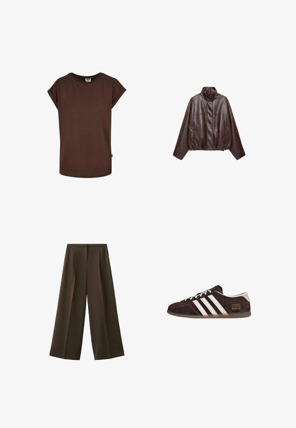 Veste en cuir courte marron foncé avec col montant, manches longues, poches avant et fermeture éclair dissimulée à l'avant.; T-shirt en coton marron avec des manches courtes roulées, un col rond et une coupe ample. Présente une petite étiquette sur la couture latérale.; Pantalon à jambes larges en tissu marron foncé, avec plis à l'avant et texture lisse. Pas de poches visibles ni d'ornements.; Baskets en suède marron avec trois bandes blanches, semelle en caoutchouc, et étiquette avec le texte "Gazelle" en or. Fermeture à lacets avec lacets gris.