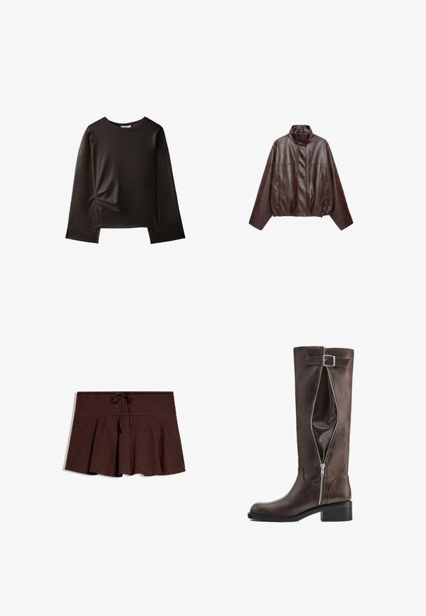 Veste en cuir courte marron foncé avec col montant, manches longues, poches avant et fermeture éclair dissimulée à l'avant.; Chemise noire à manches longues avec un col rond et un petit détail froncé sur le côté gauche près de la taille.; Jupe plissée marron foncé avec large ceinture et cordon de serrage au centre devant, posée à plat sur fond blanc.; Botte haute en cuir marron foncé avec une fermeture éclair latérale partiellement ouverte et une sangle décorative à boucle près du haut.