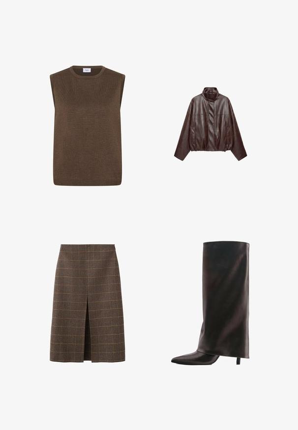 Mørkebrun kort læderjakke med høj krave, lange ærmer, forlommer og skjult frontlynlås.; Brun, ærmeløs strikket sweatervest med rund halsudskæring og ribbede kanter, mærket "Saint Tropez" indeni kraven.; Brunternetternet plaid nederdel med lige snit, knælang, med en forreste slids. Stoffet har en tekstureret finish med subtile farvekontraster.; Høj sort læderstøvle med spids tå og slank mellemhøj hæl på hvid baggrund.