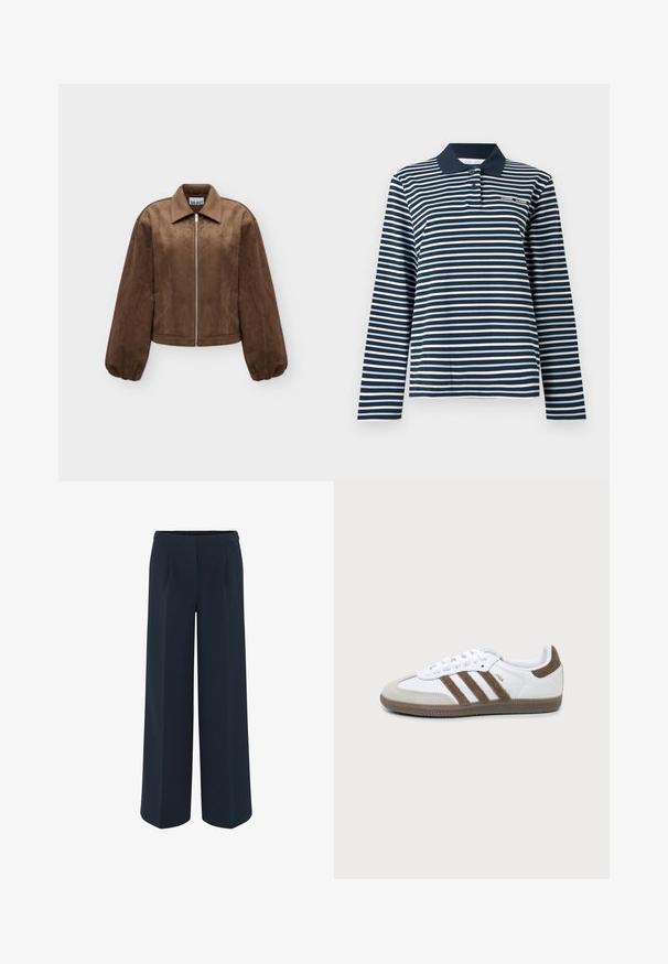 Braune Wildlederjacke mit langen, aufgepufften Ärmeln, spitzem Kragen und silbernem Frontreißverschluss auf hellem einfarbigem Hintergrund.; Langärmeliges Poloshirt in Marineblau und Weiß mit Streifen, aus Baumwollmaterial, mit einem geknöpften Kragen und einem kleinen Logo auf der Brust.; Weite Hose in Dunkelblau, aus glattem Stoff, mit maßgeschneiderten Falten und hohem Taillendesign. Keine sichtbaren Taschen oder Verzierungen.; Weißer und brauner Adidas Samba Sneaker mit drei braunen Streifen, Schnürsenkeln und strukturierter Sohle, von der Seite auf einem einfarbigen Hintergrund gezeigt.