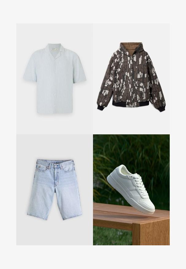 Kapuzenshirt in Braun und Grau, mit einem strukturierten, abstrakten Muster, Reißverschluss vorne, zwei Taschen sowie elastischen Bündchen und Saum.; Kurzärmliges Hemd mit Knopfleiste in hellblau-weißen Streifen. Verfügt über einen klassischen Kragen und einen lockeren Schnitt aus leichtem Stoff.; Hellblaue Jeansshorts mit vorderem Knopf und Reißverschluss, Gürtelschlaufen und einem Fünf-Taschen-Design, flach auf einem weißen Hintergrund liegend.; Weiße Ledersneaker mit glatter Oberfläche, ausgestattet mit einem perforierten Design, klassischer Schnürung und Gummisohle, positioniert auf einer Holzoberfläche.