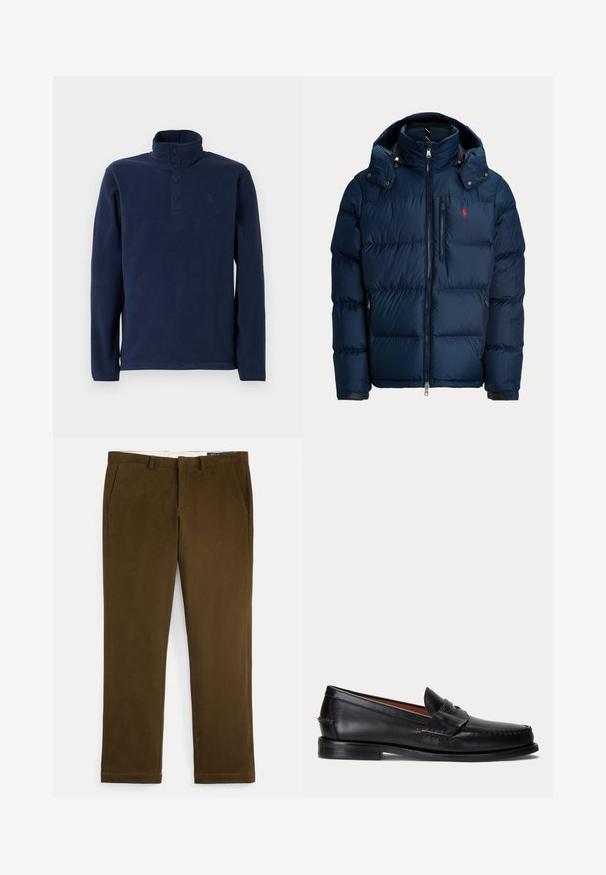 Marineblaue Steppjacke mit abnehmbarer Kapuze, Frontreißverschluss, Reißverschlusstasche auf der Brust, zwei Seitentaschen und kleinem roten gesticktem Logo auf der Brust.; Marineblauer Fleece-Pullover mit hohem Kragen und Knopfleiste mit vier Knöpfen. Verfügt über lange Ärmel und ein kleines Logo auf der Brust. Weiche Textur.; Braune Baumwoll-Chinos mit glattem Finish, flacher Vorderseite, Seitentaschen und geraden Beinen. Mit einem dezenten Stichausführungsdetail entlang der Säume.; Schwarzer Lederloafer mit niedrigem Absatz und Pennyriemendetail, von der Seite auf hellgrauem Hintergrund gezeigt.