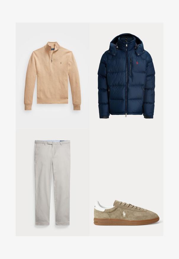 Navy blauwe pufferjas met afneembare capuchon, ritssluiting aan de voorkant, borstzak met rits, twee zijzakken en een klein rood geborduurd logo op de borst.; Beige pullover trui met een halve rits kraag, geribde manchetten en zoom, voorzien van een textuur stof en een klein logo op de linkerborst.; Lichtbeige katoenbroek met een recht model, riemlussen, zijzakken en een nette zoomafwerking. Soepele textuur, minimale detaillering.; Beige suède lage sneaker met bruine zool, witte hiel-detail, veters en een wit geborduurd polo-speler logo aan de zijkant.