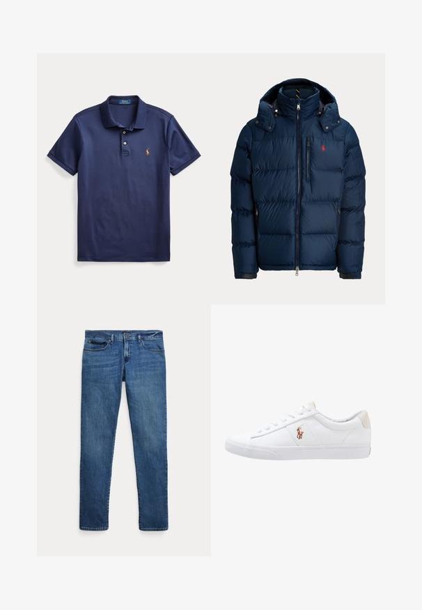 Navy blauwe pufferjas met afneembare capuchon, ritssluiting aan de voorkant, borstzak met rits, twee zijzakken en een klein rood geborduurd logo op de borst.; Marineblauw poloshirt met korte mouwen, twee knopen en een klein geborduurd logo op de linkerborst.; Blauwe denim jeans met een slim fit, voorzien van voorkantzakken, riemlussen en een knoopsluiting op een witte achtergrond.; Witte canvas sneakers met een laag ontwerp, featuring een beige hieltab en een klein geborduurd logo aan de zijkant. Rubber zool.