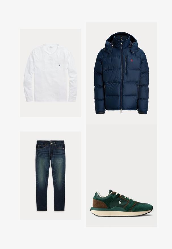 Marineblaue Steppjacke mit abnehmbarer Kapuze, Frontreißverschluss, Reißverschlusstasche auf der Brust, zwei Seitentaschen und kleinem roten gesticktem Logo auf der Brust.; Weißes Langarmshirt mit Rundhalsausschnitt und kleinem dunkelblauem Polo Ralph Lauren-Logo, das auf der linken Brust gestickt ist.; Dunkelblaue Slim-Fit-Jeans mit verblassten Details, Fünf-Taschen-Design und Knopfverschluss, flach auf weißem Hintergrund ausgelegt.; Herren Sneaker aus dunkelgrünem und braunem Wildleder, mit Mesh-Einsätzen, weißen Schnürsenkeln und einer Gummisohle. Mit einem Logo an der Seite.