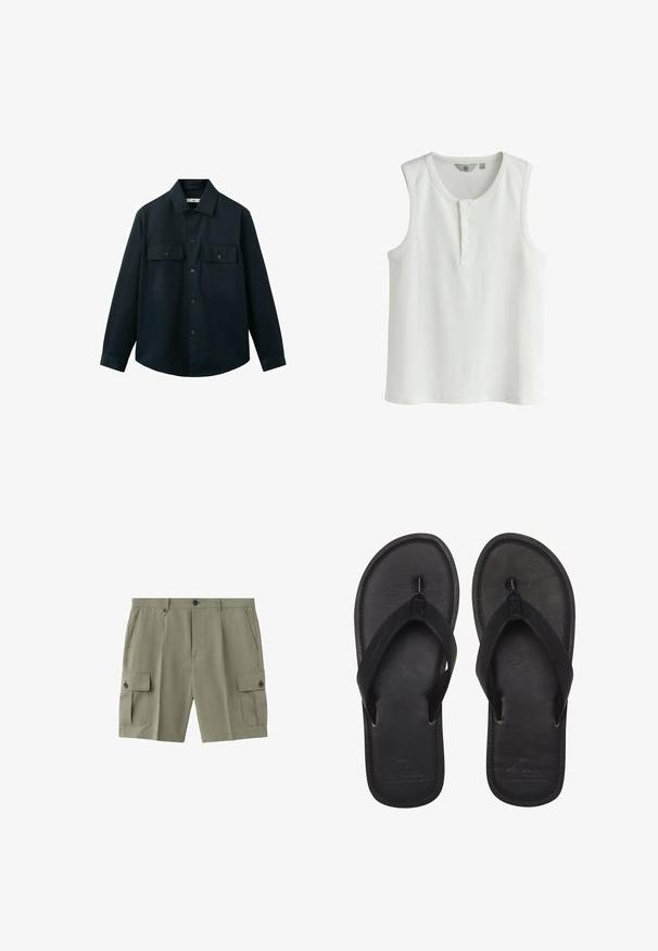 Camisa negra de manga larga con botones, con dos bolsillos en el pecho, cada uno asegurado con una solapa abotonada, y un cuello clásico.; Top blanco sin mangas de punto acanalado con cuello redondo y tapeta henley de tres botones en talla mediana.; Pantalones cortos cargo color caqui con bolsillos con solapa y botón en cada muslo, bolsillos laterales, trabillas para el cinturón y cierre frontal con botón y cremallera.; Chanclas negras hechas de material suave, con una tira estilo thong, planta texturizada y logo en relieve en la suela.