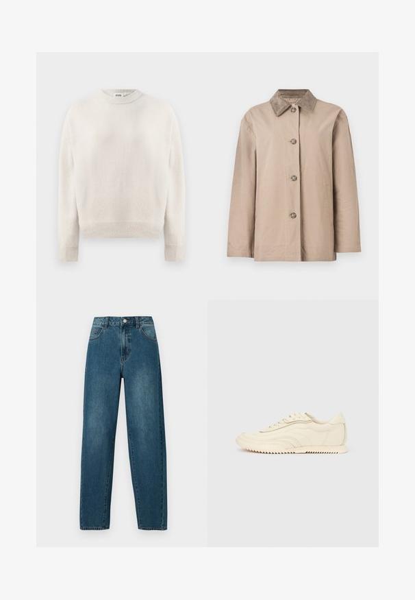 Beige bomuldsjakke med en fløjlsagtig krave, knaplukning foran og to sidelommer; har en afslappet pasform og lange ærmer.; Cremefarvet strikket sweater med lange ærmer, ribbede manchetter, kant og rund halsudskæring, mærket "DRYKORN" inden i kraven.; Mørkeblå denimjeans med en afslappet pasform, fem-lomme design og synlige sømdetaljer. Stoffet er struktureret og let falmet.; Lavprofileret sneaker i cremefarve med bølget syning, snørebånd og en rilleret sål, vist fra siden på en ensfarvet baggrund.