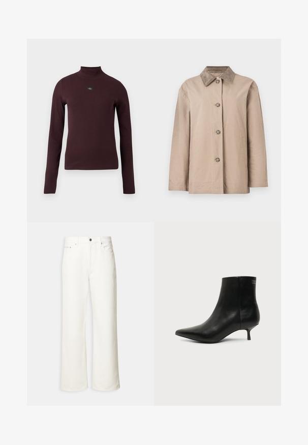 Μπεζ βαμβακερό μπουφάν με γιακά από κορδέλα κολάν, κλείσιμο με κουμπιά μπροστά και δύο πλαϊνές τσέπες· διαθέτει άνετη εφαρμογή και μακριά μανίκια.; Μπλούζα μπορντό με μακριά μανίκια και ψηλό γιακά, με ριμπ υφή και μικρό λογότυπο στο στήθος. Η εφαρμογή είναι στενή και το ύφασμα φαίνεται λείο.; Λευκά τζιν με φαρδιά μπατζάκια, εμπρός κουμπί, θηλιές για ζώνη και σχεδιασμό πέντε τσεπών.; Μαύρο δερμάτινο μποτάκι γύρω από τον αστράγαλο με μυτερή μύτη και χαμηλό τακούνι σε ανοιχτό φόντο, εμφανίζει την εξωτερική πλευρά.