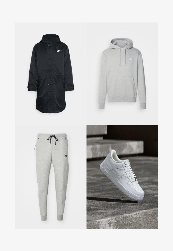 Schwarze Nylon-Parka mit Kapuze, ausgestattet mit einem Frontreißverschluss und Druckknöpfen, seitlichen Taschen und einem weißen Logo auf der Brust. Glatte Textur.; Grauer Fleece-Hoodie mit einer vorderen Kängurutasche, Kapuze mit Kordelzug und weißem Logo auf der Brust. Ausgestattet mit gerippten Bündchen und Saum.; Graue Sweatpants mit glatter Textur, elastischem Bund, verstellbarem schwarzem Kordelzug, zwei seitlichen Taschen und einem kleinen schwarzen Logo.; Weißer Nike Air Force 1 Sneaker mit geprägten Sternmustern und einem metallischen Stern-Schnürsenkelanhänger, der über einer Betonoberfläche schwebt.
