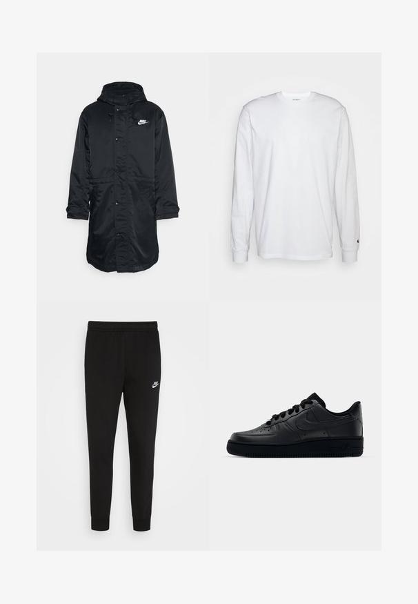 Schwarze Nylon-Parka mit Kapuze, ausgestattet mit einem Frontreißverschluss und Druckknöpfen, seitlichen Taschen und einem weißen Logo auf der Brust. Glatte Textur.; Weißes Langarm-T-Shirt aus Baumwolle. Rundhals-Design mit gerippten Bündchen und kleinem Logo auf dem linken Ärmel. Glatte Textur.; Schwarze Sweatpants aus weichem Stoff, ausgestattet mit einem elastischen Bund und eng anliegenden Bündchen, mit einem kleinen weißen Nike-Logo auf dem linken Oberschenkel.; Schwarzer Nike Air Force 1 Schuh mit einem glatten Lederoberteil, perforierter Zehenpartie für Atmungsaktivität, schwarzen Schnürsenkeln und einer strukturierten Gummisohle.
