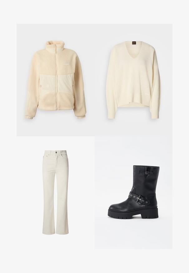 Beige fleecejack met ritssluiting, opstaande kraag, twee voorzakken met rits, elastische manchetten en een klein logo op de linkerborst.; Crème V-hals trui gemaakt van zachte stof, met brede mouwen, een comfortabele pasvorm en subtiele brei-details aan de zoom en schouders.; Witte flared jeans van denim. Heeft een hoge taille, vijf zakken en een metalen knoopsluiting. Glad oppervlak zonder zichtbare patronen.; Zwarte leren enkellaars met een chunky zool, voorzien van een band met metalen hardware en een decoratieve gesp, een gladde textuur en versterkte stiksels.