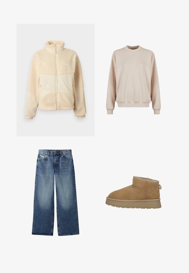 Beige fleecejack met ritssluiting, opstaande kraag, twee voorzakken met rits, elastische manchetten en een klein logo op de linkerborst.; Beige sweatshirt, ronde hals, lange mouwen, iets verlaagde schouders, gestructureerde stof, met subtiel geborduurd logo op de borst.; Blauwe wijde denim jeans met knoop aan de voorkant, rits, riemlussen en vijfzakkenontwerp, inclusief een klein Calvin Klein-logo op het muntzakje.; Bruine suede enkellaars met zachte bontvoering, ronde neus en een platte rubberen zool. Heeft een decoratieve naad en een trektab aan de hiel.
