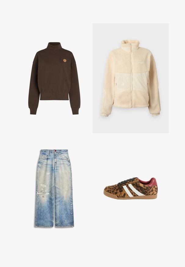 Veste polaire beige à fermeture éclair, col montant, deux poches zippées à l'avant, poignets élastiques et petit logo sur la poitrine gauche.; Sweatshirt marron à col haut avec une finition texturée. Présente des épaules tombantes et un petit logo circulaire beige sur la poitrine. Poignets et ourlet côtelés.; Jean bleu clair à jambes larges avec des zones décolorées et usées, poches avant et un petit patch logo rectangulaire près de la ceinture.; Baskets en daim imprimé léopard avec des rayures blanches, des lacets noirs et un détail rouge au talon. Semelle en caoutchouc, design profilé, surface texturée.