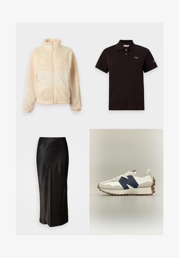 Veste polaire beige à fermeture éclair, col montant, deux poches zippées à l'avant, poignets élastiques et petit logo sur la poitrine gauche.; Polo noir à manches courtes avec deux boutons, petit logo crocodile vert sur la poitrine gauche et texte blanc en écriture cursive sur la manche droite.; Jupe en satin noir avec une texture lisse. Design long jusqu'au sol avec une taille ajustée et une légère évasement à l'ourlet. Aucun motif ou matériel visible.; Baskets beige et blanches à profil bas avec grand logo noir "N", lacets blancs et semelle en caoutchouc brun texturé.