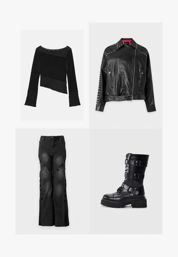 Veste de motard en cuir noir avec des clous argentés sur le col et les manches, fermeture éclair asymétrique à l’avant, deux poches zippées et une ceinture à la taille.; Haut noir à manches longues présentant un mélange de tissu lisse et d'accents en dentelle texturée, avec une coupe asymétrique et des manches évasées.; Jean en denim noir avec une coupe large, présentant des accents en chaîne le long des coutures latérales et une fermeture à bouton et à zip à la taille.; Botte noire en cuir, hauteur genou, avec lacets et trois sangles à boucles réglables. Dispose d'une semelle en caoutchouc épaisse et texturée pour une meilleure adhérence.