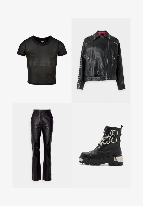 Chaqueta de motorista de cuero negro con tachuelas plateadas en el cuello y las mangas, cremallera asimétrica frontal, dos bolsillos con cremallera y un cinturón en la cintura.; Camiseta corta negra hecha de tela translúcida, con mangas cortas y escote redondo. Superficie texturizada y dobladillo sólido en contraste.; Pantalones de cuero negro con un diseño ajustado, que presentan costuras diagonales y recortes en los lados. Piernas rectas con un cierre de botón en la cintura.; Koi Footwear SHACKLED SHADOWS HEAVY DUTY CHAIN - Botines camperos - black