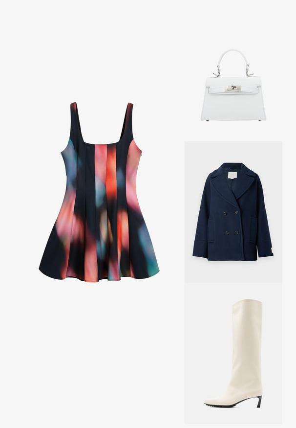 Navyfarbener, doppelt knöpfbarer Mantel aus Wollmischung mit einem spitzen Revers, großen Fronttaschen und schwarzen Knöpfen. Glatte Textur mit minimalen Akzenten.; Schwarzes Kleid mit buntem abstraktem Muster in den Farbtönen Rot, Blau und Pink. Ausgestellter Saum, runder Ausschnitt und verstellbare Träger.; Knielanger weißer Stiefel aus glattem Material mit spitzer Spitze und schlankem schwarzem Absatz. Verfügt über ein schlichtes Design und minimale Markenkennzeichnung.; Weiße Lederhandtasche mit strukturiertem Design, Obergriff und silberner Hardware, ausgestattet mit einem Schnallenverschluss und dezenten Nähten.