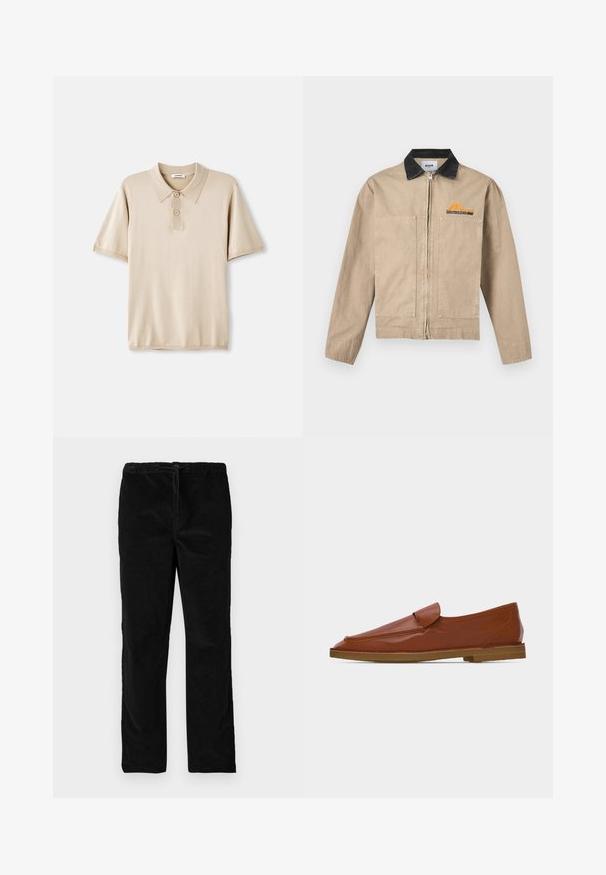 Beige Reißverschlussjacke mit schwarzem Kragen, zwei aufgesetzten Taschen vorne und orangefarbenem MSGM-Logo auf der linken Brust.; Beige Poloshirt mit Kragen und dreiknopfiger Leiste. Kurze Ärmel, weiche Textur und gerader Saum. Minimalistisches Design.; Schwarze gerade geschnittene Samthose mit elastischem Bund und vorderem Kordelzug, vor einem schlichten weißen Hintergrund präsentiert.; Brauner Leder-Slipper mit abgerundetem quadratischem Zeh und flacher Gummisohle, präsentiert vor einem schlichten hellen Hintergrund.