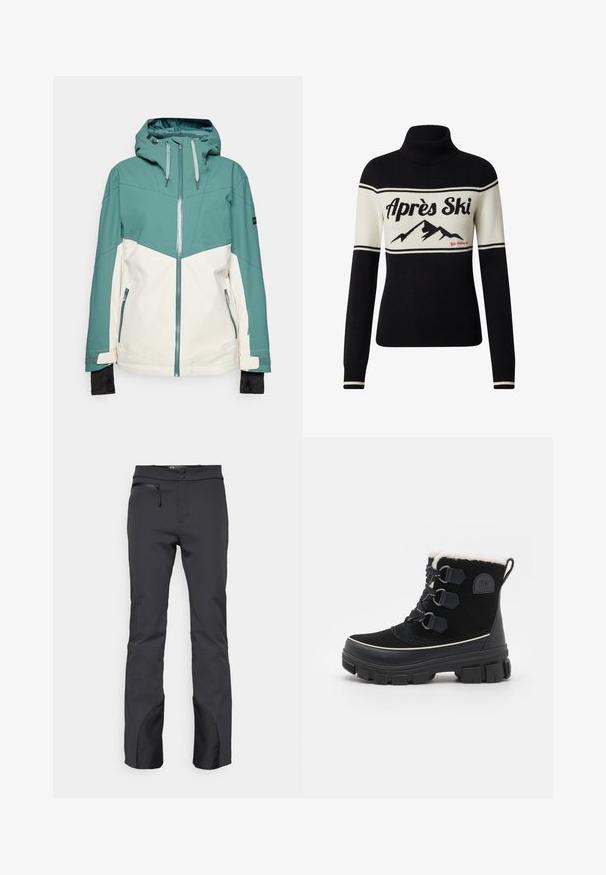Ski jakke i teal og creme med lynlås foran, justerbar hætte, lynlåsede lommer og elastiske manchetter. Glat tekstur, holdbart stof.; Sort og hvid rullekrave sweater med tekst "Après Ski" og bjerggrafik over brystet. Ribstrikkede manchetter og kant med kontrasterende striber.; Sorte udendørsbukser lavet af teknisk stof, med en lynlåslomme, flad talje og sorte detaljer ved nederste kant.; Sorte vandtætte støvler med overdel af ruskind, for af kunstpels, tre øjer snøresystem, tyk gummisål og kontrasterende hvid trim.