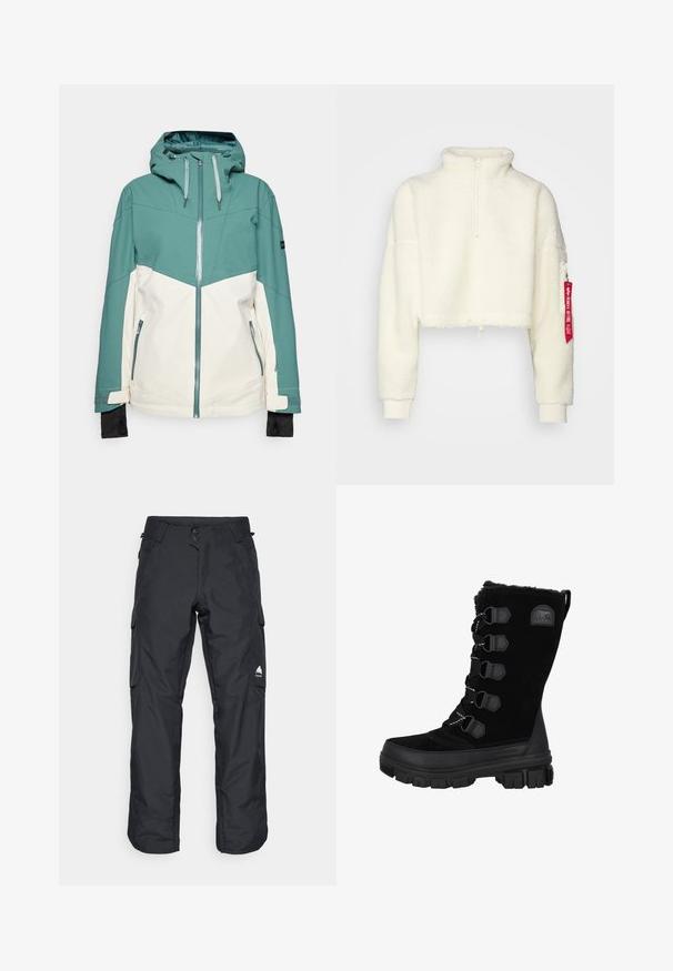 Ski jakke i teal og creme med lynlås foran, justerbar hætte, lynlåsede lommer og elastiske manchetter. Glat tekstur, holdbart stof.; Hvid cropped fleece pullover med høj krave, halvlukket front, snøring i kanten og et rødt mærke på venstre ærme. Blød tekstur.; Sorte vandtætte snebukser med løs pasform, der har to sidelommer, en cargo-lomme på låret og et logo på underbenet.; Sorte vandtætte vinterstøvler med overdel i ruskind, pelskrave og gummisål. Har snørebåndsdesign med hexagonale snørehuller og logo-patch.