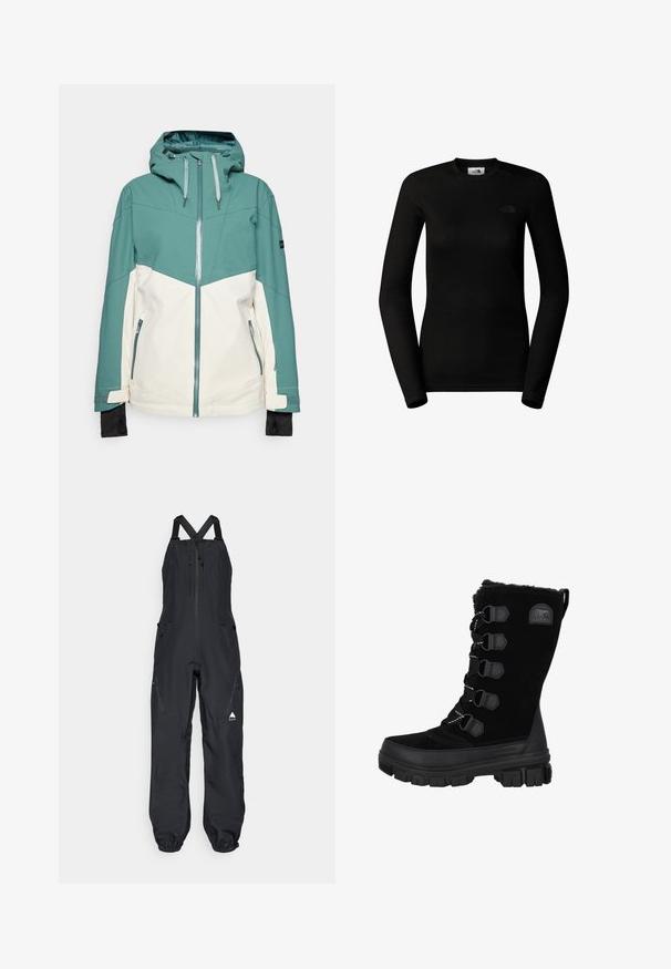 Ski jakke i teal og creme med lynlås foran, justerbar hætte, lynlåsede lommer og elastiske manchetter. Glat tekstur, holdbart stof.; The North Face W EASY L/S CREW NECK - Langærmet T-shirt - tnf black; Sort vandtæt overall med justerbare skulderstropper, frontlynlås, to sidelommer og elastiske manchetter ved anklerne.; Sorte vandtætte vinterstøvler med overdel i ruskind, pelskrave og gummisål. Har snørebåndsdesign med hexagonale snørehuller og logo-patch.