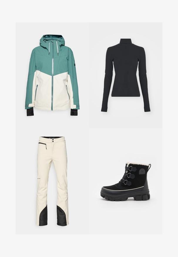 Ski jakke i teal og creme med lynlås foran, justerbar hætte, lynlåsede lommer og elastiske manchetter. Glat tekstur, holdbart stof.; Sort ribbet turtle neck bluse med lange ærmer, tætsiddende pasform, glat tekstur og subtil stræk, designet til komfort og lagdeling.; Herre skibukser i cremefarvet med sort accent ved kanten. Har en lynlåslomme, knaplukning og tapered ben. Blødt, vandafvisende materiale.; Sorte vandtætte støvler med overdel af ruskind, for af kunstpels, tre øjer snøresystem, tyk gummisål og kontrasterende hvid trim.