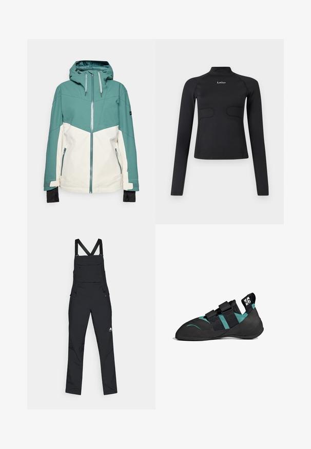 Veste de ski teal et crème avec fermeture éclair à l'avant, capuche ajustable, poches zippées et poignets élastiques. Texture lisse, tissu durable.; Haut ajusté à manches longues noir avec col montant et logo "LeGer" blanc centré sur la poitrine, le tout sur fond blanc.; Salopette noire en tissu durable, dotée de bretelles réglables, d'une poche avant et de zips latéraux pour un enfilage facile. Design minimaliste avec logo.; Chaussure d'escalade noire et bleu sarcelle avec deux sangles réglables et une languette de traction au talon sur fond blanc.