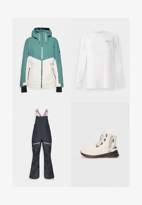Veste de ski teal et crème avec fermeture éclair à l'avant, capuche ajustable, poches zippées et poignets élastiques. Texture lisse, tissu durable.; Chemise blanche à manches longues avec un petit graphique de montagne marron et le texte "Paradise Tour" sur la poitrine gauche.; Salopettes noires imperméables avec des bretelles réglables roses, dotées de poches zippées et de parties inférieures renforcées pour une durabilité accrue.; Botte isolée blanche avec semelle en caoutchouc noir, lacets blancs et marquage "The North Face". Présente un col rembourré et un tissu texturé.