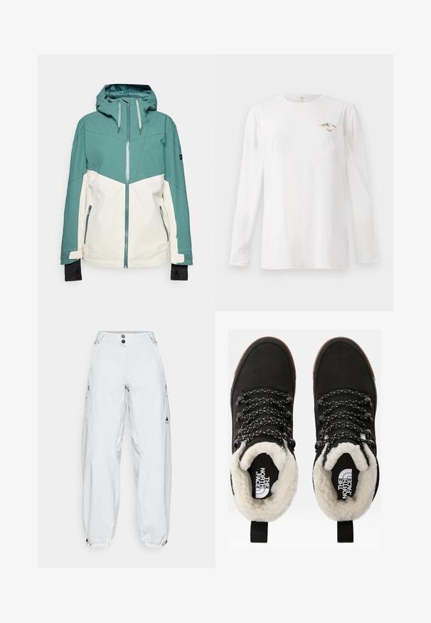 Chaqueta de esquí en tonos verde azulado y crema con cierre de cremallera al frente, capucha ajustable, bolsillos con cremallera y puños elásticos. Textura suave, tela duradera.; Camisa blanca de manga larga con un pequeño gráfico de montañas marrones y el texto "Paradise Tour" en el lado izquierdo del pecho.; Pantalones de esquí blancos, holgados y confeccionados en material impermeable, que cuentan con dos bolsillos laterales con cremallera, cierre de botón y puños elásticos.; Botas de tobillo negras impermeables con forro de piel sintética, tejido texturizado, cordones con un patrón blanco y negro, y una lengüeta en el talón.