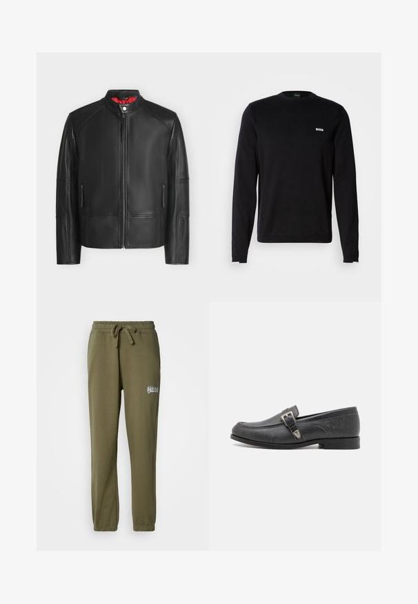 Veste en cuir noire avec fermeture éclair à l’avant, col montant avec bouton-pression, poches latérales zippées et doublure intérieure rouge visible au niveau du col.; Sweat-shirt noir à manches longues en tissu lisse, avec un col et des poignets côtelés, arborant un logo blanc "BOSS" sur le côté gauche de la poitrine.; Pantalons de survêtement vert olive en tissu doux, avec une taille élastique dotée d'un cordon de serrage et un petit logo brodé à l'avant.; The Kooples CHAUSSURES - Chaussons - black