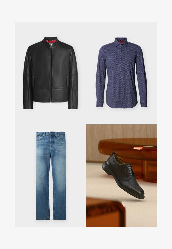 Veste en cuir noire avec fermeture éclair à l’avant, col montant avec bouton-pression, poches latérales zippées et doublure intérieure rouge visible au niveau du col.; Chemise à manches longues bleu marine à boutons avec un petit motif de losanges blancs, tissu doux, poignets boutonnés et col classique.; Jean bleu moyen à jambes droites avec légère décoloration, design classique à cinq poches, fermeture par boutons et passants pour ceinture.; Chaussure habillée noire en cuir à lacets avec devant texturé, flottant au-dessus d'un tapis beige dans une pièce moderne avec des meubles teintés d'ambre.