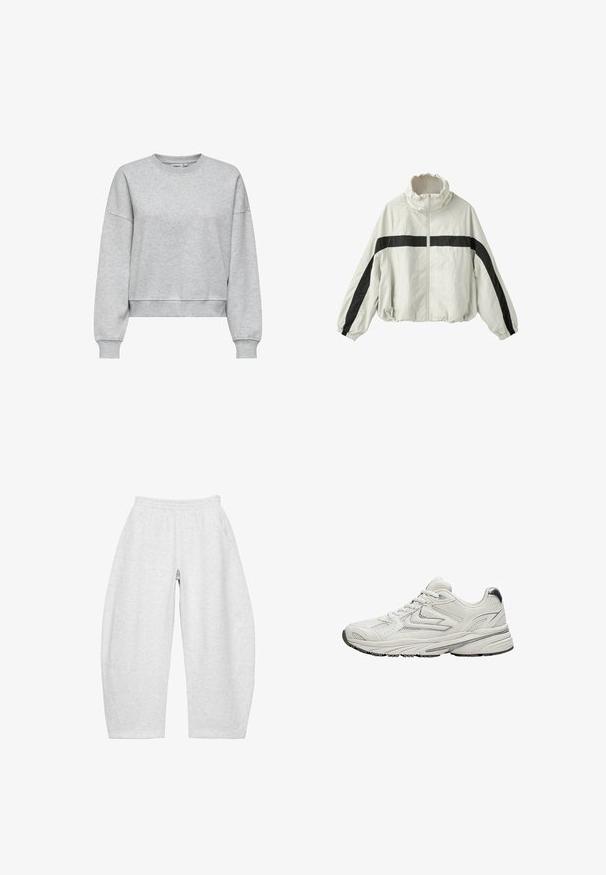 Lysegrå lynlåstrøje med høj krave og elastiske ærmekanter, med et vandret og ærme-sort stribedesign.; ONLY ONLBEST L/S CREW NECK SWT NOOS - Sweatshirt - light grey melange; Lysegrå løstsiddende joggingbukser med elastisk talje og sidelommer, vist fladt på en hvid baggrund.; Hvid atletisk sneaker med mesh og syntetisk overdel, snørelukning, polstret sål og sorte accenter på hæl og ydersål.