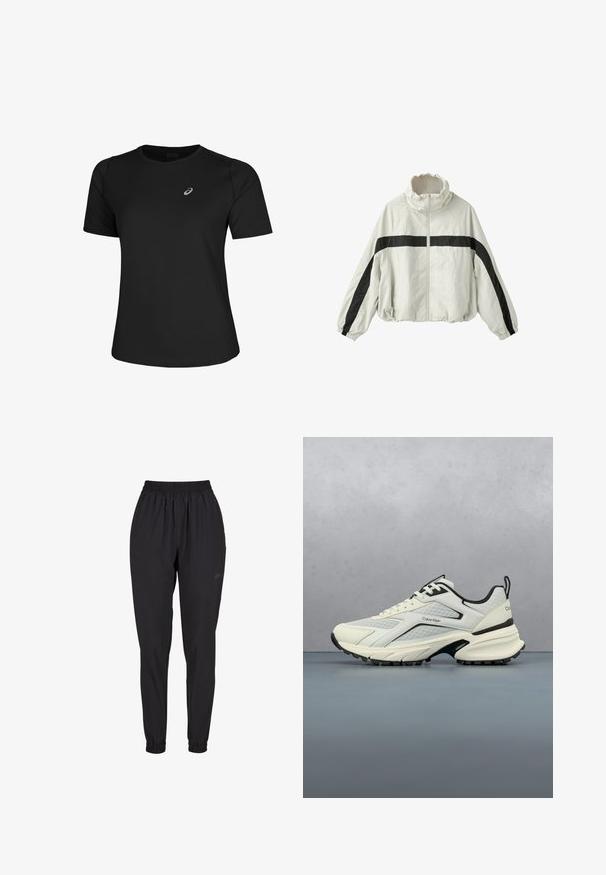 Lysegrå lynlåstrøje med høj krave og elastiske ærmekanter, med et vandret og ærme-sort stribedesign.; Sort atletisk T-shirt lavet af glat stof, med rund halsudskæring og korte ærmer. Indeholder et reflekterende logo på venstre front.; Sorte elastiske bukser med samlet manchet, lige ben-design, lavet af letvægtsmateriale, med et diskret logo på siden.; Hvid og sort Calvin Klein-sneaker hængende over udendørs trægulv med sløret grønt løv og grå baggrund.