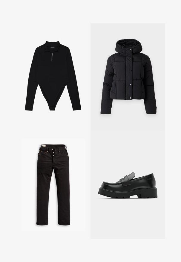 JDY JDYWONDER HOOD PUFFER - Zimná bunda - black; Čierny body s dlhým rukávom, ktorý má vysoký golier, polovičný zips a priliehavý strih s vykrojením na zadnej časti. Hladká textúra látky.; Čierne džínsy so rovnými nohavicami, s gombíkovým zapínaním, prednými a zadnými vreckami, a detailmi z medených nitov na bielom pozadí.; Čierne kožené mokasíny s hrubou štruktúrovanou podrážkou, so strapcom cez priehlavok a hladkým, lesklým povrchom.