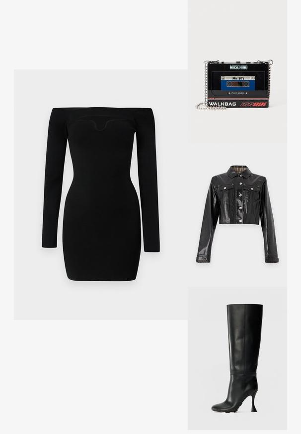 Rabanne Τζιν μπουφάν - black; Μαύρο φόρεμα χωρίς ώμους με μακριά μανίκια, εφαρμοστή σιλουέτα, ραβδωτή υφή και λεπτομέρεια από καμπύλη λαιμόκοψη.; Μαύρο δερμάτινο μπούτσο μέχρι το γόνατο με εφαρμοστό άνοιγμα και μυτερή μύτη. Διαθέτει χαρακτηριστική καμπυλωτή τακούνι και λείο υφασμάτινο επιφάνεια.; Μαύρη ορθογώνια τσάντα Moschino σε σχήμα vintage κασέτας με ασημένιο λουρί αλυσίδας και ετικέτα ταινίας "Mix 80's".