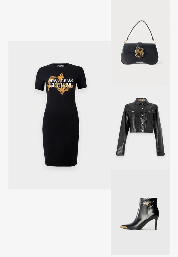 Rabanne Jeansjacke - black; Schwarzes, tailliertes Kleid mit kurzen Ärmeln, das das gold-weiße "VERSACE JEANS COUTURE"-Logo und komplexe goldene Muster auf der Vorderseite zeigt.; Schwarzer Knöchelstiefel aus glänzendem Leder mit spitz zulaufender Zehenpartie, Stöckelabsatz und goldfarbener Hardware mit dekorativem Schnallendetail.; Schwarze Lederhandtasche mit geschwungener Form, Einzelhenkel und goldfarbenem schlangenförmigem Verschluss mit der Aufschrift "Just Cavalli" auf einfarbigem Hintergrund.