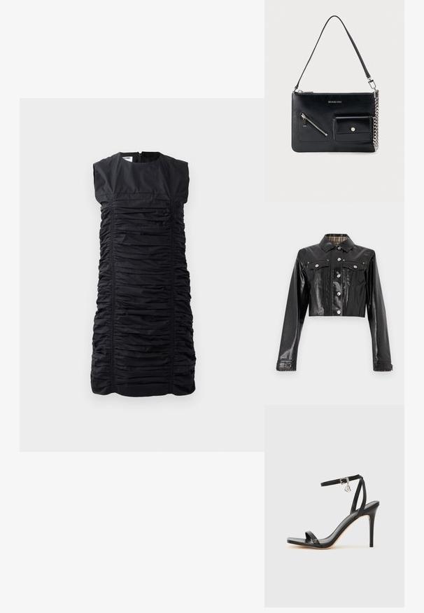 Rabanne Spijkerjas - black; Zwarte mouwloze jurk met een gegatherde textuur, verticale plooien en een hoge hals. Sluiting met rits aan de achterkant. Elegante, getailleerde silhouet.; Zwarte sandaal met hoge hak, smalle enkelband, vierkante neus, soepel leermateriaal en metalen gespsluiting.; Zwarte leren schoudertas van Michael Kors met een bovenste rits, een diagonale voorzak met rits, een klepzak met drukknop en een zilverkleurig kettinkdetail.