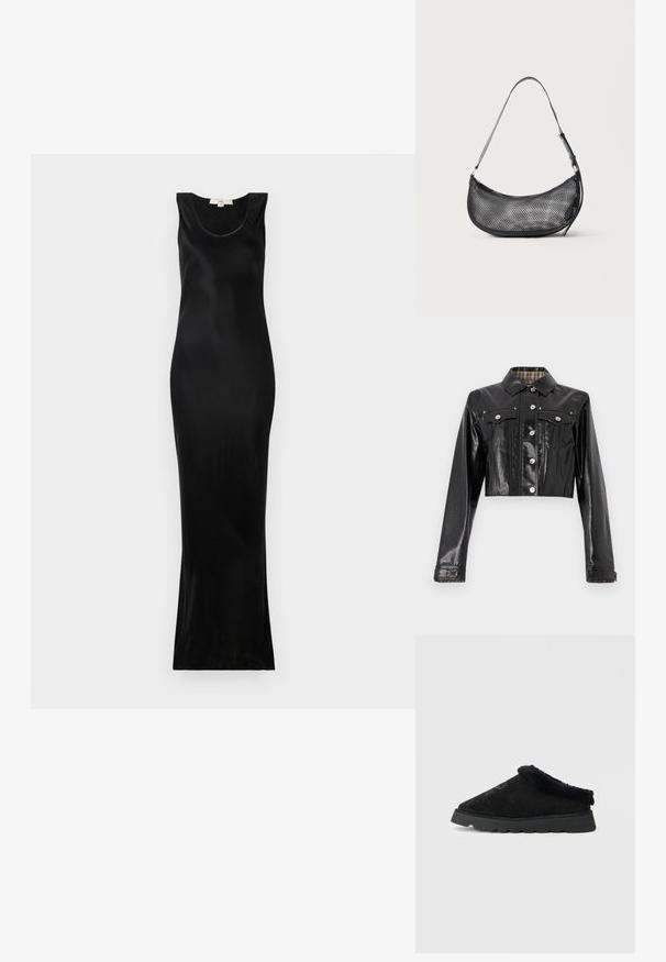 Rabanne Jeansjacke - black; Schwarzes ärmelloses Maxikleid aus glattem Stoff; hat einen runden Ausschnitt und eine figurbetonte Silhouette, die sich zum Saum hin verjüngt.; Schwarzer Slipper aus Wildleder mit einem flauschigen schwarzen Rand. Verfügt über eine dicke, strukturierte Sohle mit Rillen für einen guten Halt und ein spitzes Design.; Kleine schwarze Netz-Schultertasche in Halbmondform mit verstellbarem dünnem Riemen vor schlichtem, hellem Hintergrund.