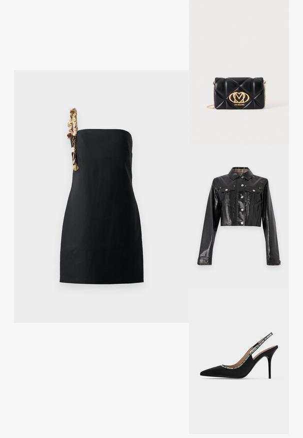 Rabanne Jeansjacke - black; Schwarzes Mini-Kleid mit strukturiertem, geradem Schnitt und einem dekorativen Kettendetail in goldener Farbe an einer Schulter. Glatte Stoffoberfläche.; Schwarzer spitzer Slingback-Pumps mit dünnem Stiletto-Absatz und "LOVE MOSCHINO" Text auf dem Riemen und Rand.; Schwarze gesteppte Lederhandtasche mit goldener Kettenriemen und großem goldenem Love Moschino Logo vorne.