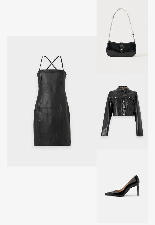 Rabanne Spijkerjas - black; Zwart leren jurk met een getailleerde silhouet, dunne kruislings banden en geen zichtbare sluitingen of patronen. Vette textuur, minimalistisch ontwerp.; Zwarte lakleren pump met hoge hak, spits toelopende neus en naaldhak, zij-aanzicht op een effen witte achtergrond.; Zwarte lakleren schoudertas met een zilveren gespdetail en een zilveren kettingriem, getoond tegen een effen lichte achtergrond.