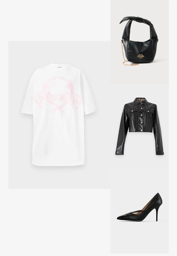 Rabanne Jeansjacke - black; Weißes Baumwoll-T-Shirt mit einem rosa Grafikelement, das einen Lorbeerkranz und den Text "MOSCHINO" in der Mitte auf der Vorderseite zeigt. Kurze Ärmel, lockere Passform.; Schwarzer Leder High-Heel-Schuh mit spitzer Schuhspitze und schmalem Riemen über dem Spann, befestigt mit einer kleinen goldenen Schnalle auf einfarbigem Hintergrund.; Schwarze weiche Lederhandtasche von Love Moschino mit geknotetem Griff und goldenem Kettenriemen auf weißem Hintergrund.