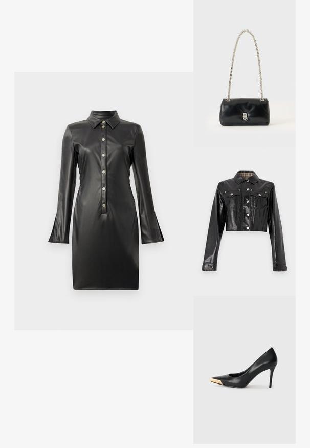 Rabanne Veste en jean - black; Robe en faux cuir noir avec de longues manches évasées, un col à revers et une patte de boutonnage à l'avant ornée de boutons ronds en argent. Texture lisse.; Pompe à talon haut en cuir noir avec bout pointu ; présente une accentuation métallique dorée sur le capuchon. Surface lisse avec un design épuré.; Sac à main en cuir noir avec une bandoulière chaîne argentée et un fermoir argenté, exposé sur un fond uni clair.