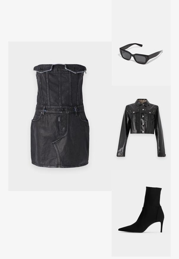 Rabanne Spijkerjas - black; Zwarte denim jurk met een aansluitende top, off-the-shoulder ontwerp, vo pockets en contrasterende stiksels. Glad textuur met een lichte glans.; Zwarte enkellaars met spitse neus en slanke hoge hak, in profiel getoond op een lichte achtergrond. Stijlvol en minimalistisch ontwerp.; Zwarte rechthoekige zonnebril met donkere getinte lenzen. Gemaakt van glanzend plastic met een robuust design en metalen accenten aan de zijkanten.