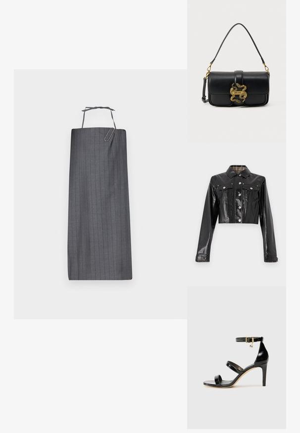 Rabanne Teksajakk - black; Hallide hall stripe'd apron sirge lõikega, millel on kaela rihm ja dekoratiivne paberklambri aksessuaar ees. Sile kangastekstuur.; Must musta nahk sandaal kolme rihmaga, pahkluu vööga ja 4-tollise stilettakontsaga. Omab kuldset detaili ja logovõtit.; Mustast nahast õlakott, millel on kuldne topeltsisalikuga kinnitus ja esiklapil "Just Cavalli" logo plaat.