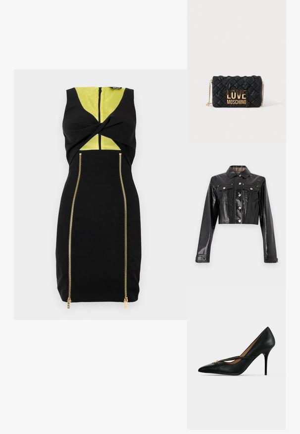 Rabanne Spijkerjas - black; Zwarte jurk met een gele inzet, voorste twistdetail en gouden ritsen langs de zijkanten voor extra ontwerpcontrast.; Zwarte leren pumps met hoge hak en een spits toelopende neus, met een smalle band bovenop die vastzit met een kleine gouden gesp op een effen achtergrond.; Zwarte doorgestikte crossbodytas met gouden kettingriem en groot gouden "LOVE MOSCHINO" logo aan de voorkant.