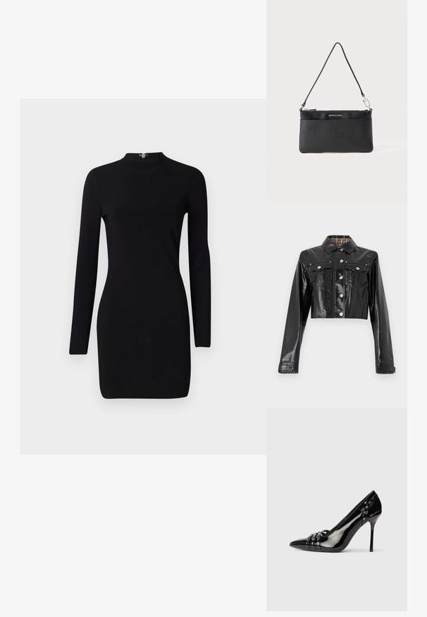 Rabanne Jeansjacke - black; Schwarzes Langarmkleid mit taillierter Silhouette, hohem Kragen und einem Reißverschluss auf der Rückseite. Sanfte Textur und elastischer Stoff. Keine Muster oder Akzente.; Schwarzer Lackleder-Pumps mit spitzem Zeh, drei dekorativen Riemen mit Nieten und "Karl Lagerfeld"-Markierung auf dem Absatz.; Schwarze Leder-Wristlet, strukturierte Oberfläche, Reißverschlussverschluss, silberfarbene Hardware, Markenlogo, verstellbarer Riemen. Kompakter und rechteckiger Zuschnitt.