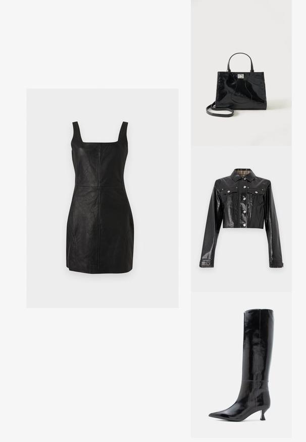 Rabanne Veste en jean - black; Mini-robe noire sans manches en similicuir avec encolure carrée et détails visibles de coutures verticales et horizontales.; Bottes en cuir noir, montantes jusqu'au genou, avec une finition brillante, un bout pointu et un petit talon carré. Texture lisse, détails de couture minimalistes.; Sac à main en cuir verni noir avec poignées arrondies, bandoulière détachable et fermeture à boucle argentée sur fond blanc uni.