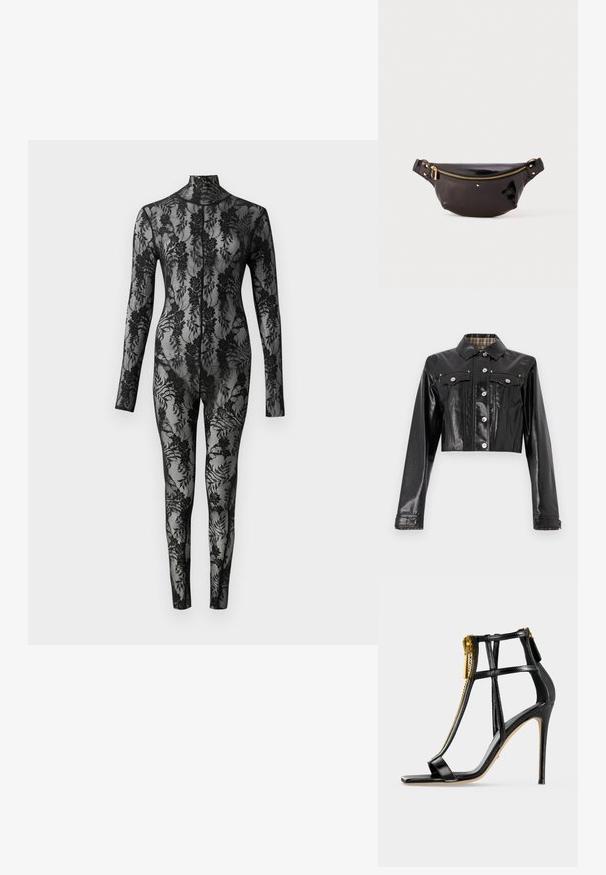 Rabanne Spijkerjas - black; Zwart kanten bodysuit met lange mouwen, hoge kraag en een bloemmotief dat het hele oppervlak bedekt. Strak aansluitend ontwerp met doorzichtige textuur.; Zwarte sandaal met hoge hakken, dunne bandjes, een vierkante neus en een gouden ritsdetail aan de voorkant op een lichte achtergrond.; Zwarte, glanzende leren heuptas met een gebogen ontwerp, gouden ritsaccent, verstelbare band en kleine decoratieve hardware.