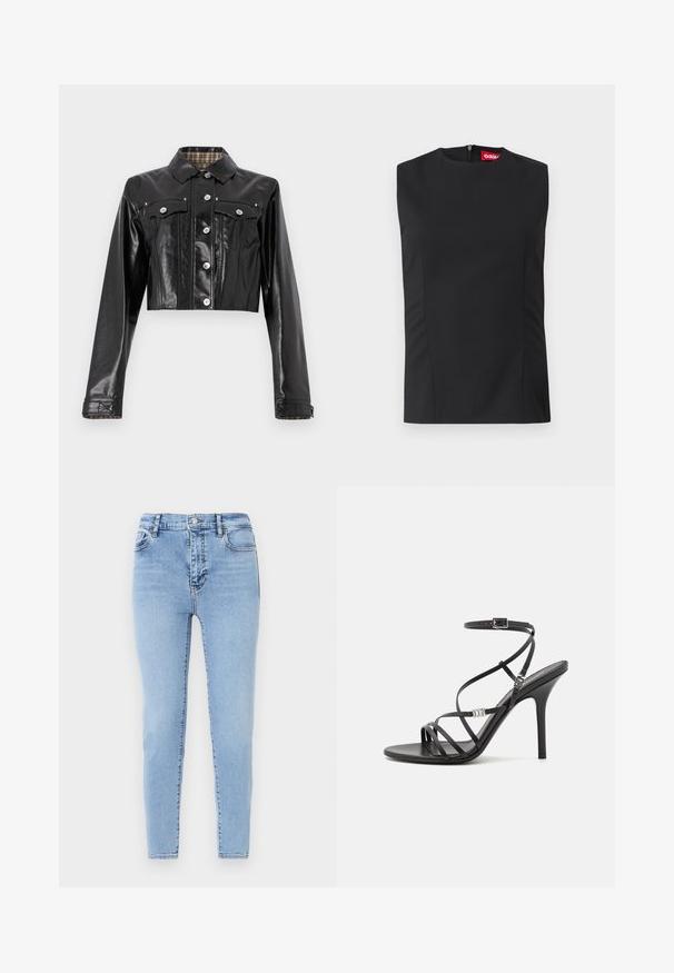 Rabanne Cowboyjakker - black; Sort ærmeløs top med høj hals, frontnerver og en usynlig lynlås i ryggen. Lavet af glat stof med en struktureret pasform.; Lyseblå, højtaljede jeans med slank pasform. Fremstillet af denim med en subtil struktur, med en lukning foran med knap og baglommer.; Sort højhælet sandal med tynde stropper, en ankelspænde, en glat læderoverflade og en slank stilethæl.